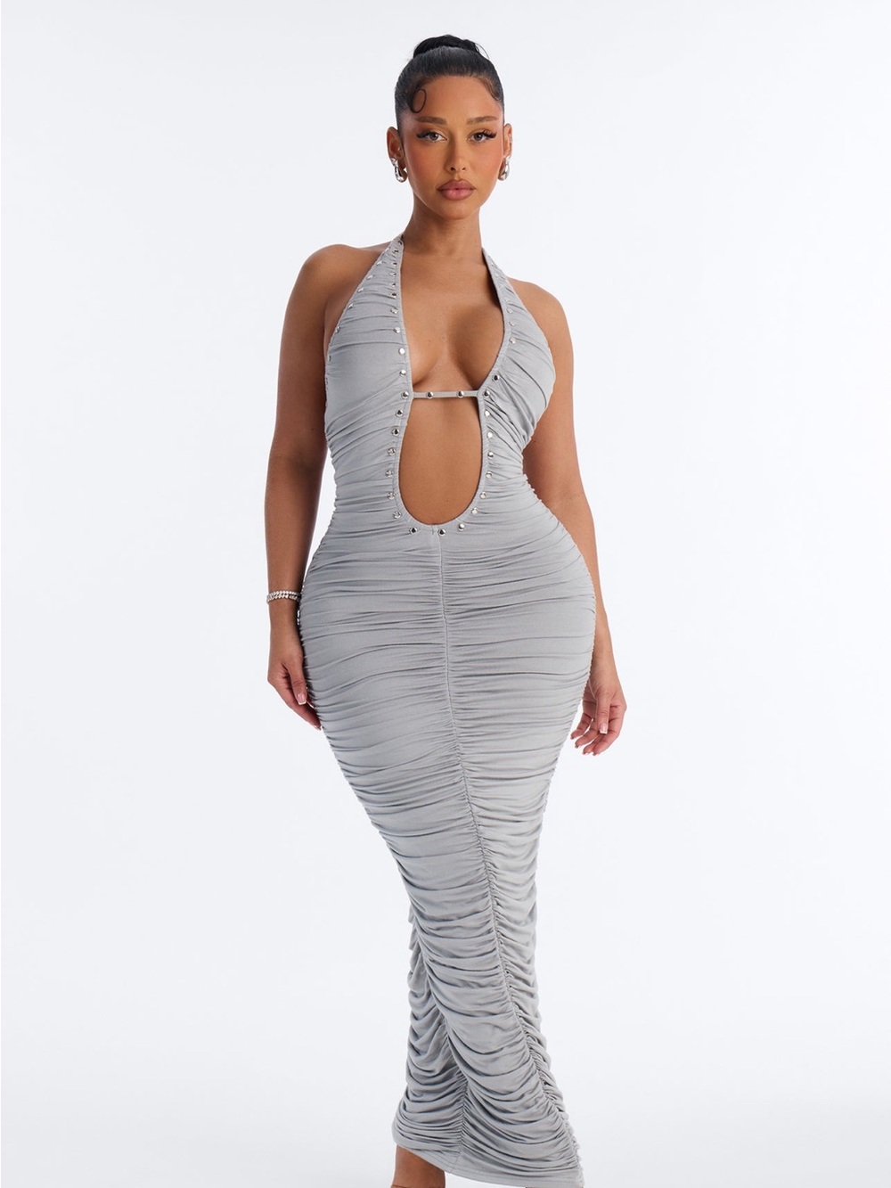 Fashion Nova Ruched Halter Maxi Dress with Keyhole Front - Grey